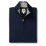 The Duck Head Ridley 1/4 Zip Sweater in navy features a silver zipper, gray inner collar, and visible brand label. Machine washable, this sweater offers everyday style and convenience.