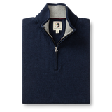 The Duck Head Ridley 1/4 Zip Sweater in navy features a standing collar, gray inner lining, and is machine washable—blending classic style and convenience for everyday wear.