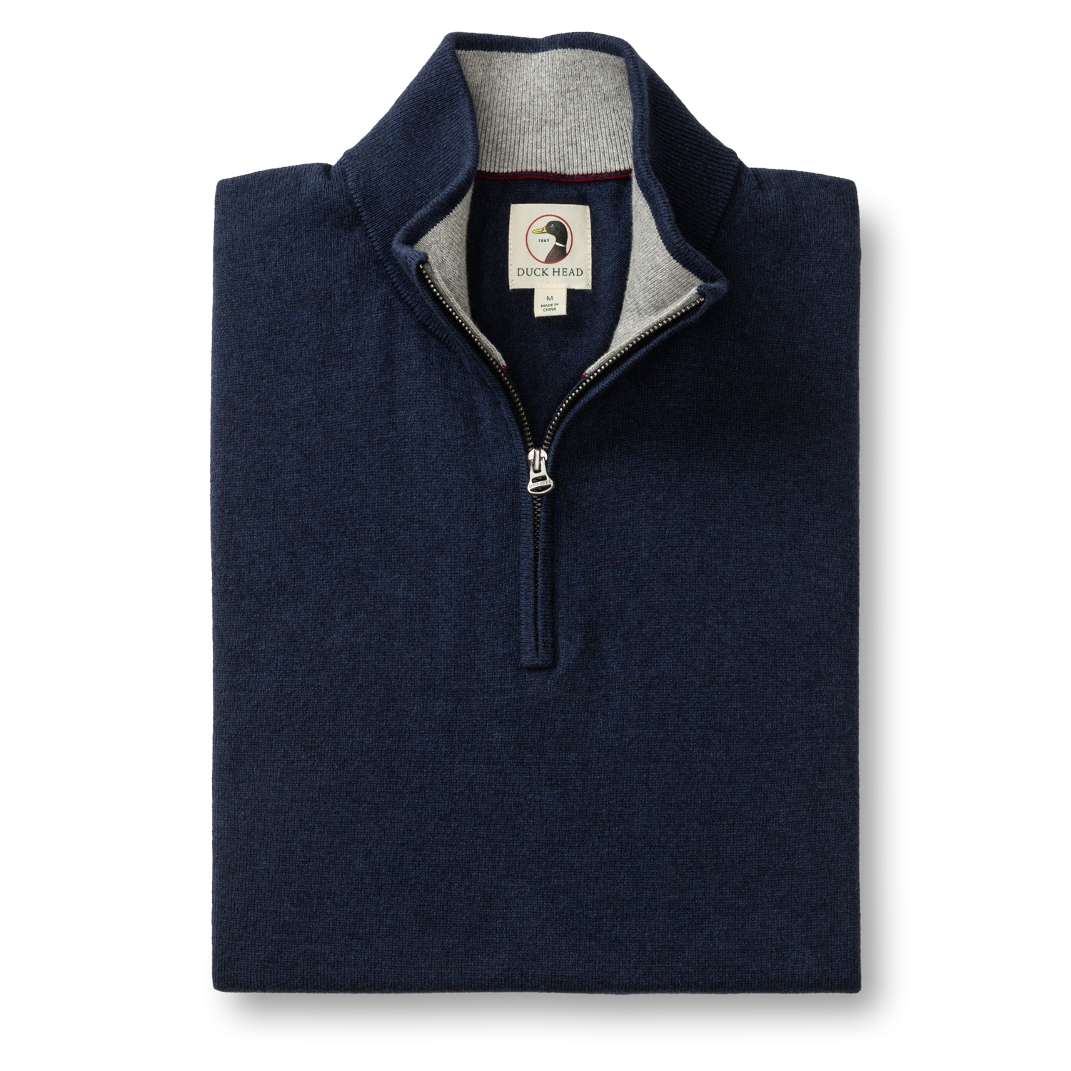 The Duck Head Ridley 1/4 Zip Sweater in navy features a standing collar, gray inner lining, and is machine washable—blending classic style and convenience for everyday wear.