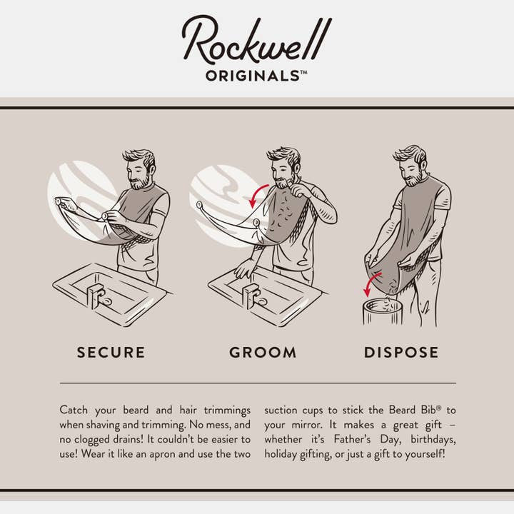 Three illustrated steps show a man attaching the Rockwell Beard Bib by Rockwell Razors to a mirror, grooming and trimming his beard, then disposing of collected hair from the hair catcher into a trash can.
