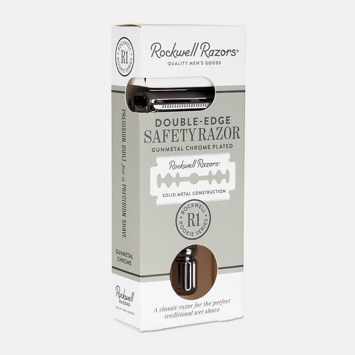 The Safety Razor | R1 by Rockwell Razors features a gunmetal chrome-plated, solid metal build in original packaging—perfect for a plastic-free, traditional wet shave and an exceptionally smooth finish.