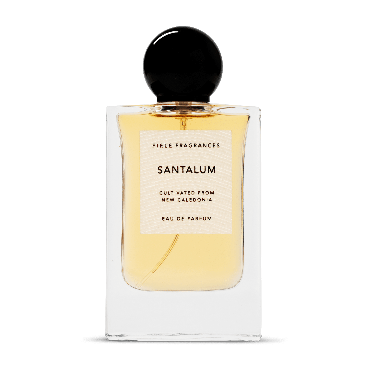 Santalum by Fiele Fragrance is a cruelty-free Eau de Parfum in a clear glass bottle with a black round cap and beige label, featuring a natural sandalwood scent.