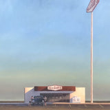 In "Saturday Morning Light" by Matt Tumlinson, a small convenience store with an Allsup's sign stands beneath a tall pole sign as two people stand near a car in front of the building.