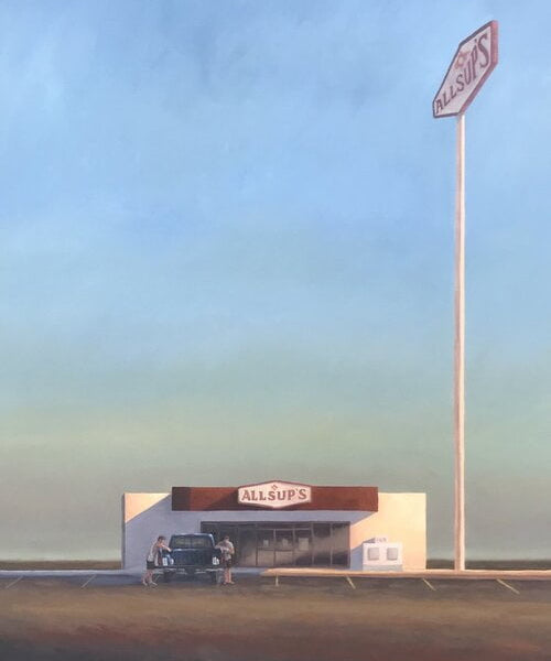 In "Saturday Morning Light" by Matt Tumlinson, a small convenience store with an Allsup's sign stands beneath a tall pole sign as two people stand near a car in front of the building.