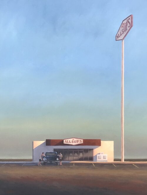 In "Saturday Morning Light" by Matt Tumlinson, a small convenience store with an Allsup's sign stands beneath a tall pole sign as two people stand near a car in front of the building.