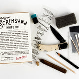 The Scrimshaw Knife Kit by Mollyjogger includes a bone-handled pocket knife, engraving tool, ink, felt pads, cotton swabs, wool, transfer sheets, and dice—perfect for creating unique scrimshaw art.