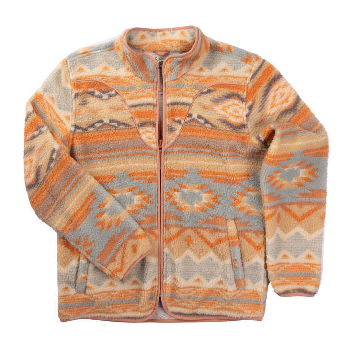 The Sedona Fleece by Sendero Provisions Co. is a zip-up jacket with a vibrant Southwest print in orange, beige, blue, and cream. It features long sleeves and a stand-up collar for classic western style.