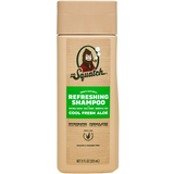 A beige bottle of Dr. Squatch Shampoo | Cool Fresh Aloe, enriched with soothing oat protein, features green and white labeling and the Dr.Squatch bearded character logo.