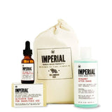 The Shave Bundle by Imperial Barber Products includes beard oil, bergamot after-shave, glycerin soap, and a drawstring bag for a complete natural shave system, all shown against a white background.