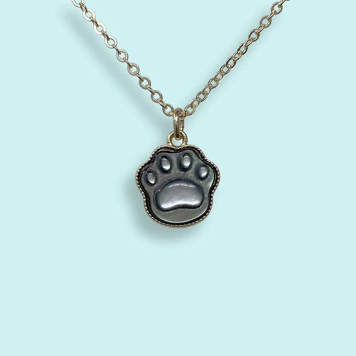 The Shell Paw Print Necklace by Ornamental Things features a black and silver paw print pendant on a gold-filled chain, shown against a light blue background.