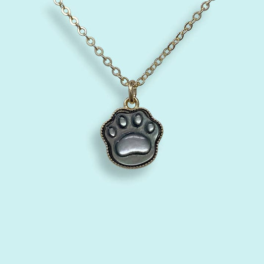 The Shell Paw Print Necklace by Ornamental Things features a black and silver paw print pendant on a gold-filled chain, shown against a light blue background.