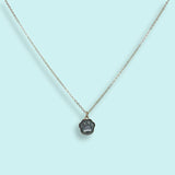 Shell Paw Print Necklace by Ornamental Things—gold-filled chain with a petite black paw print pendant, elegantly shown on a light blue background.