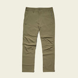 The Shoalwater Tech Pants by Howler Brothers are olive green, straight-leg stretch nylon pants featuring front and back pockets, a button closure, and visible seam details, shown laid flat on a light background.