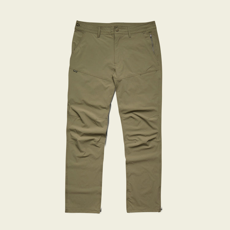 The Shoalwater Tech Pants by Howler Brothers are olive green, straight-leg stretch nylon pants featuring front and back pockets, a button closure, and visible seam details, shown laid flat on a light background.