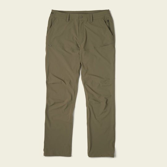 Shoalwater Tech Pants by Howler Brothers in olive green, featuring a straight-leg cut, front pockets, waistband, and button closure, displayed flat on a light background.