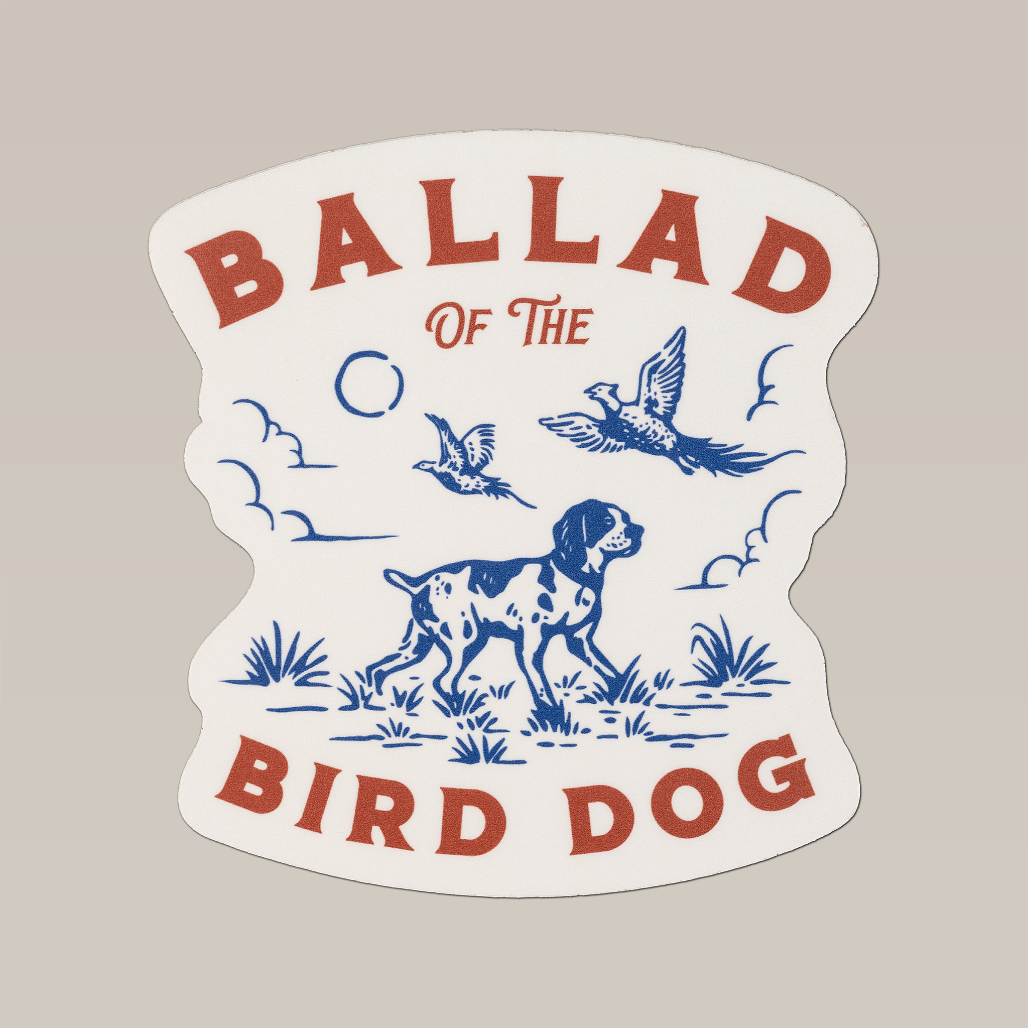 The Shop Cooler Sticker | Pheasant Flush by Ballad of the Bird Dog features a bird dog and two pheasants in blue and red—durable for outdoor use and perfect for customizing your cooler or gear.