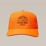 The Shop Hat | Field Companion by Ballad of the Bird Dog is a bright orange cap featuring embroidered "Ballad of the Bird Dog Texas" text and a dog image on the front.