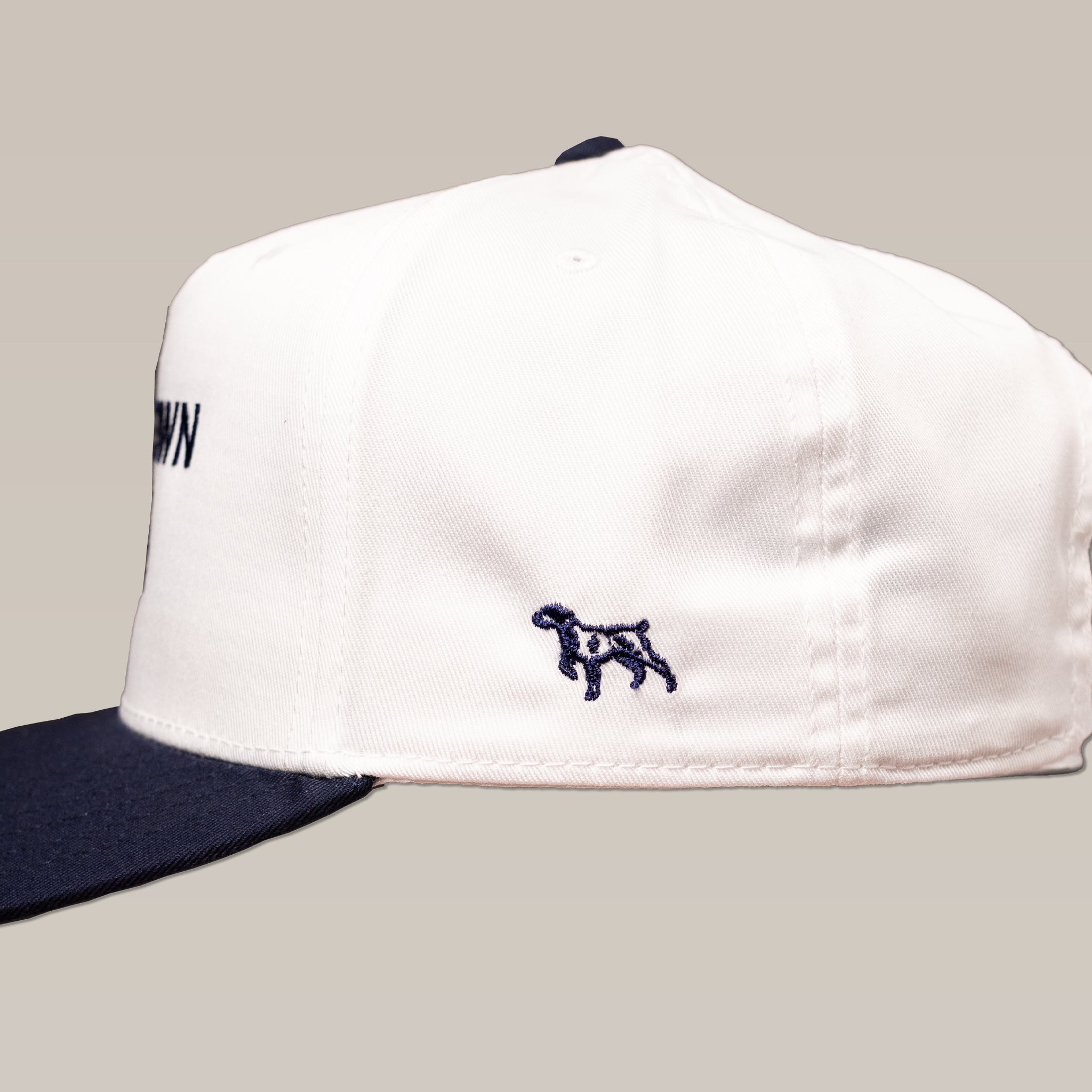The Shop Hat by Ballad of the Bird Dog features a white cap, black bill, and a small black embroidered dog on the side.