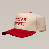 The Ballad of the Bird Dog Shop Hat features "TEXAS SPIRIT" embroidered in red on the front and comes in beige and red.
