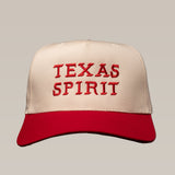 The Ballad of the Bird Dog Shop Hat features "TEXAS SPIRIT" embroidered in red on beige and red panels.