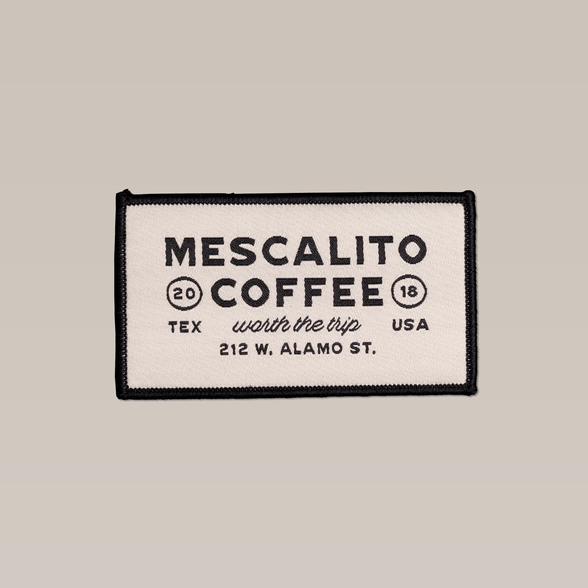 A rectangular Shop Patch by Mescalito Coffee features their logo, "Mescalito Coffee, worth the trip," with a black border and 2018.