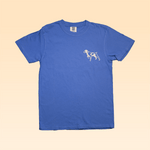 The Ballad of the Bird Dog Shop Shirt features a blue short-sleeve design with a small white bird dog emblem on the left chest, celebrating bird dog pride and Downtown Brenham charm.
