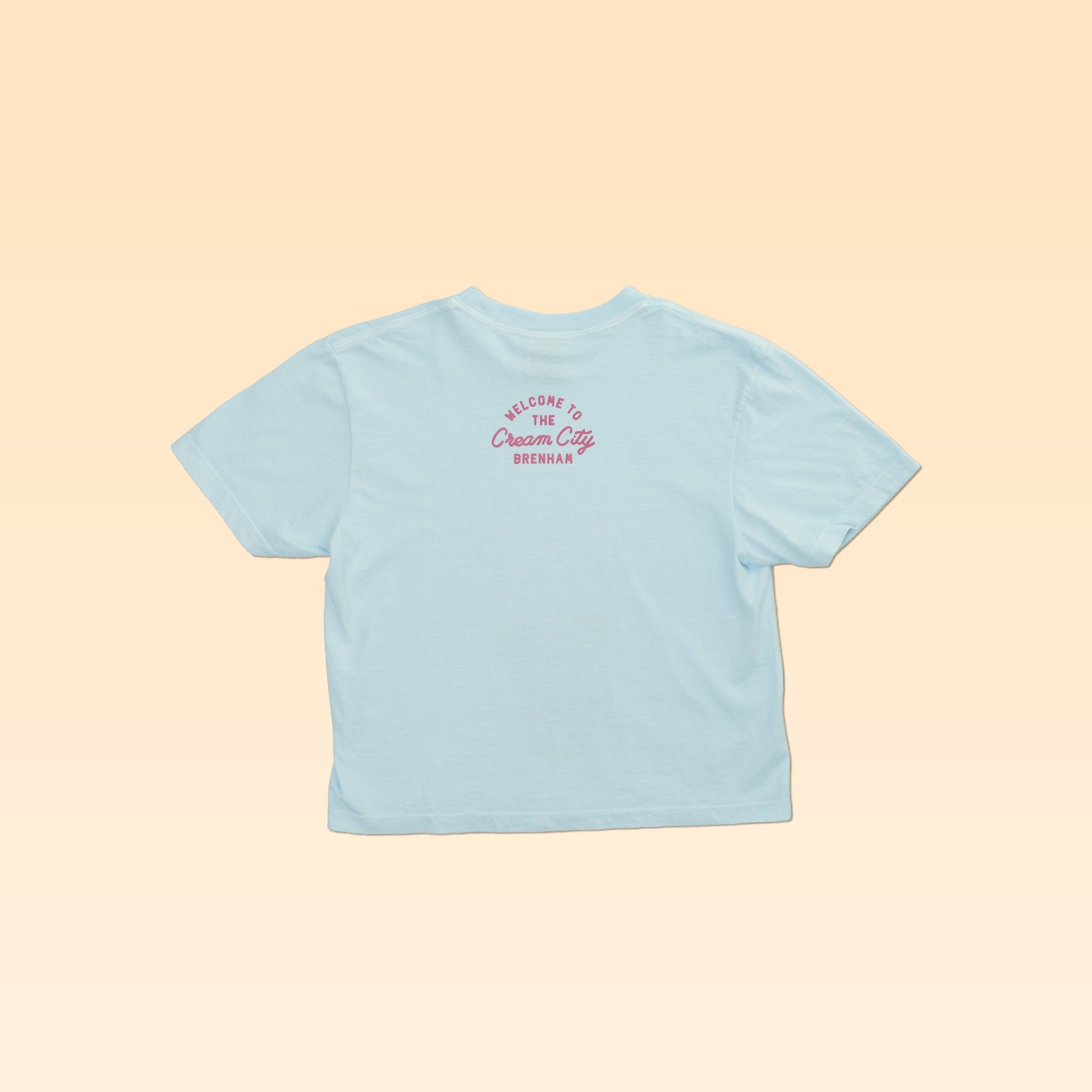 The Ballad of the Bird Dog Shop Shirt | Cream City Crop is a light blue short-sleeve tee, laid flat to show "Welcome to the Cream City Brewing" in red near the back collar.