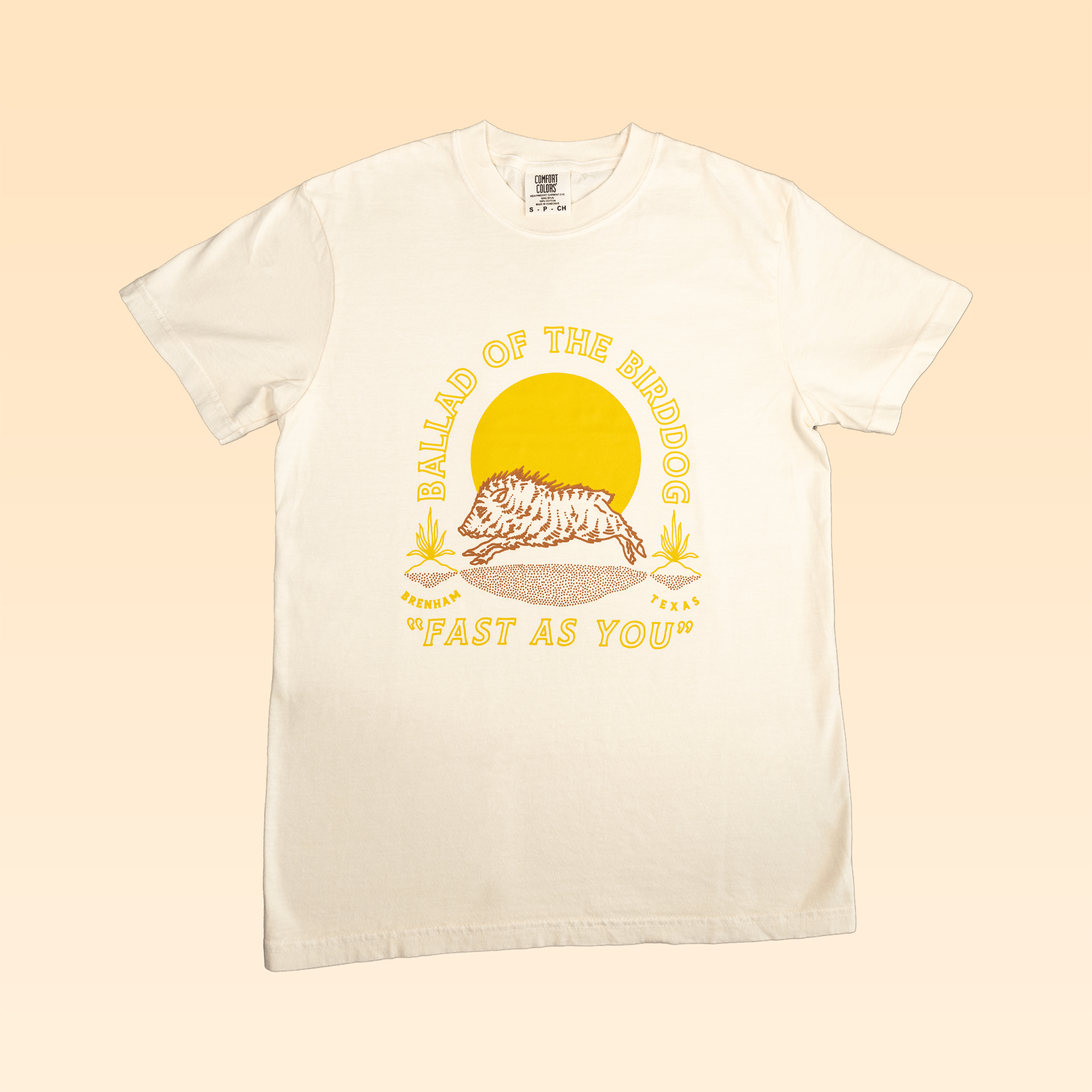 The Shop Shirt | Fast As You by Ballad of the Bird Dog features a yellow sun, running tiger graphic, and country music-inspired "BALLAD OF THE BIRDDOG 'FAST AS YOU'" text.