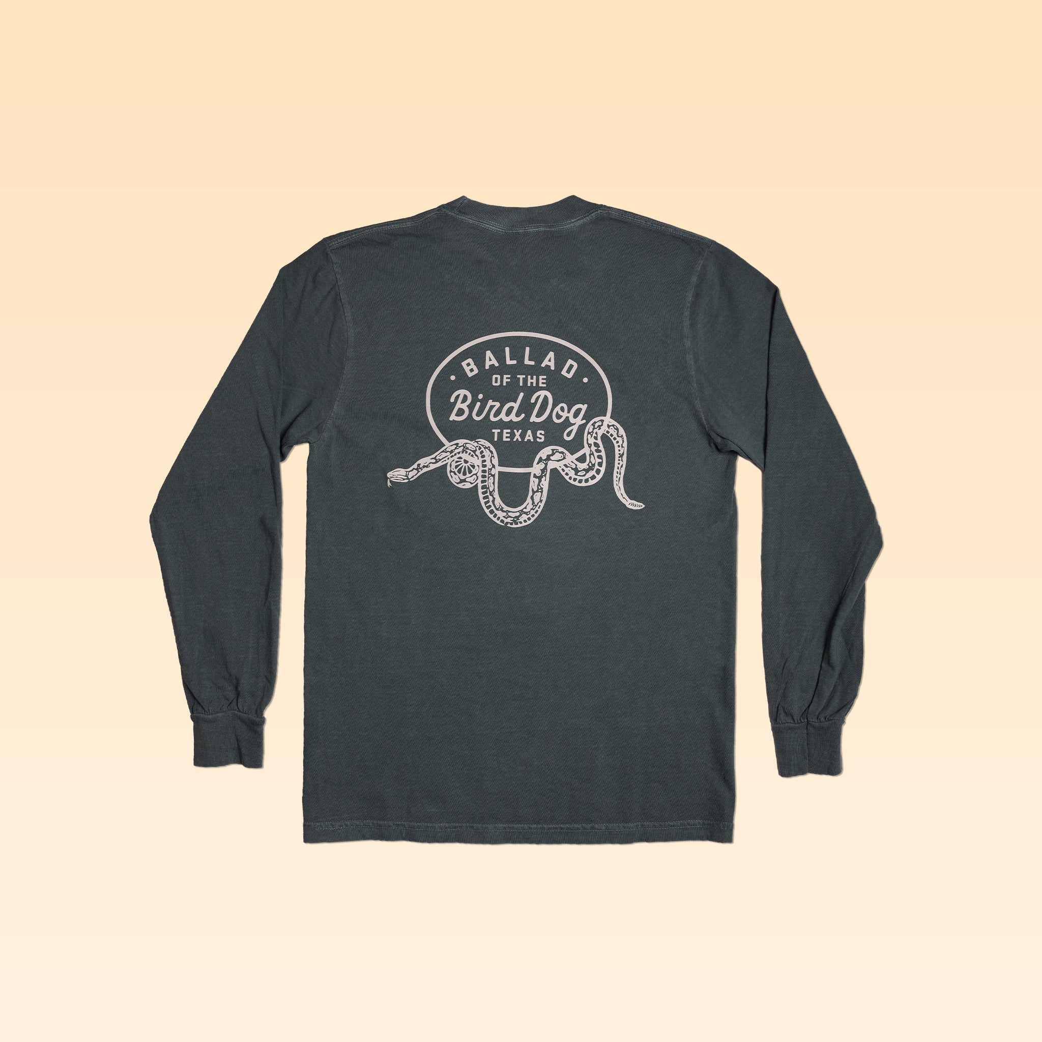 Long-sleeve Shop Shirt by Ballad of the Bird Dog featuring a dark design with a rattlesnake oval graphic and "Ballad of the Bird Dog Texas" text on the back.