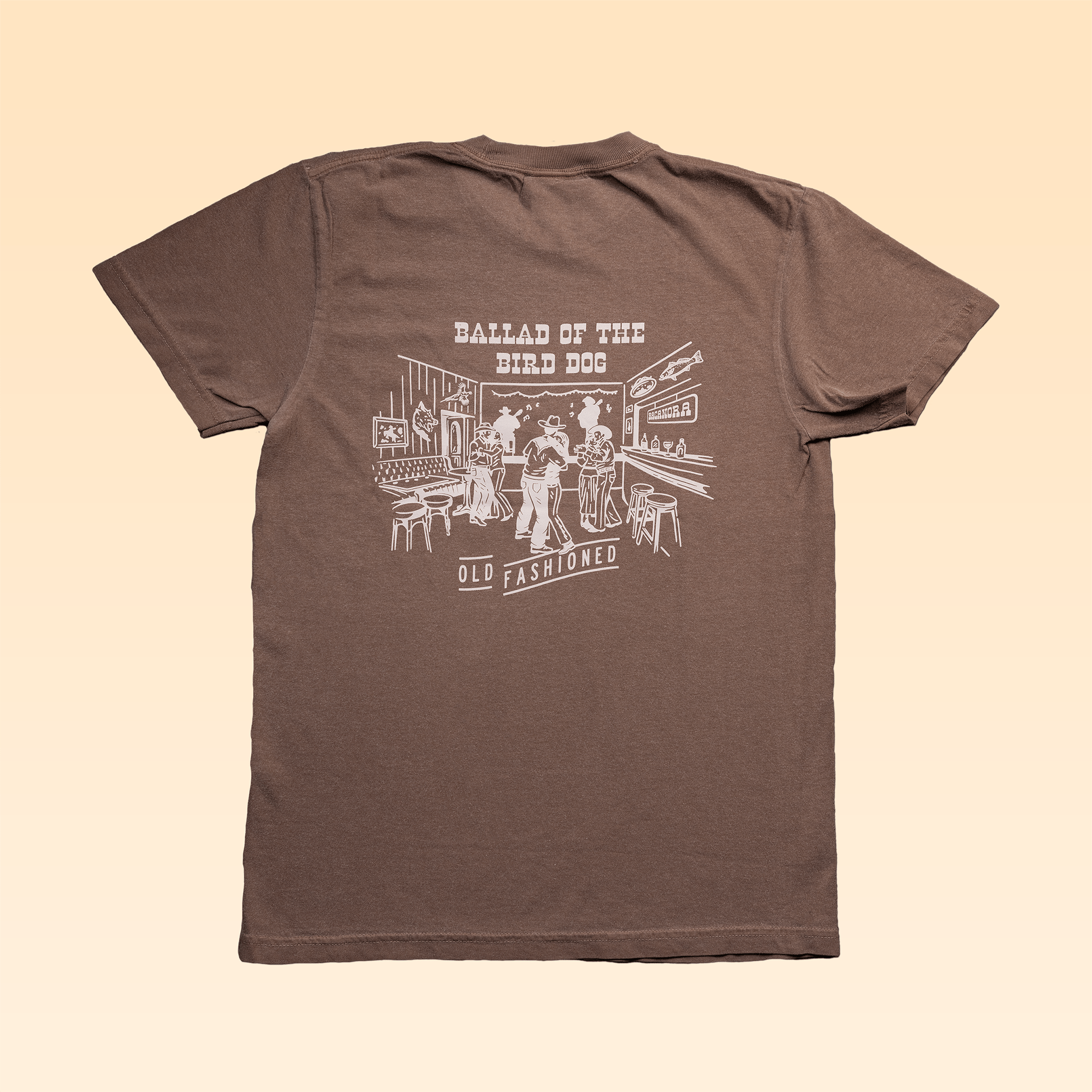 The Shop Shirt | Old Fashioned by Ballad of the Bird Dog features a white line bar scene and "Ballad of the Bird Dog" text on the back—ideal for lovers of Southern Arizona style and country western vibes.