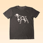The Ballad of the Bird Dog Shop Shirt | Pointer features a dark gray color and a white outline graphic of a standing dog with heart-shaped spots.