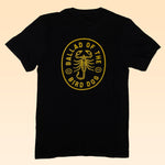 The Shop Shirt | Scorpion by Ballad of the Bird Dog features a yellow scorpion graphic in an oval, with "BALLAD OF THE BIRD DOG" on the back. Part of our Desert Scenes Collection: Desert Scorpion Tribute Tee.