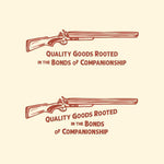 The Shop Shirt | Side By Side by Ballad of the Bird Dog features two vintage-style shotgun illustrations above “Quality goods rooted in the bonds of companionship,” perfect for bird dog lovers, with unique text alignment and spacing.