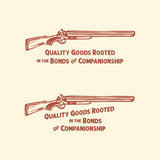 The Shop Shirt | Side By Side by Ballad of the Bird Dog features two logo variations with a vintage shotgun above the phrase "Quality Goods Rooted in the Bonds of Companionship"—ideal for celebrating lasting bonds.