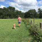 A person and their dog, both wearing the Shop Shirt | Side By Side by Ballad of the Bird Dog, walk along a grassy field by a wire fence with trees and clouds in the background.
