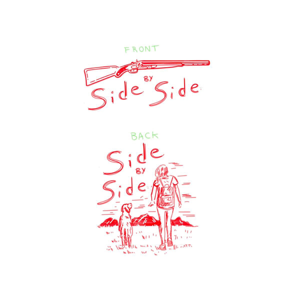 The Ballad of the Bird Dog Shop Shirt | Side By Side features red line art: a shotgun above "Side by Side" on front, a person and dog with the same text on back—a tribute to classic bird dog companionship.