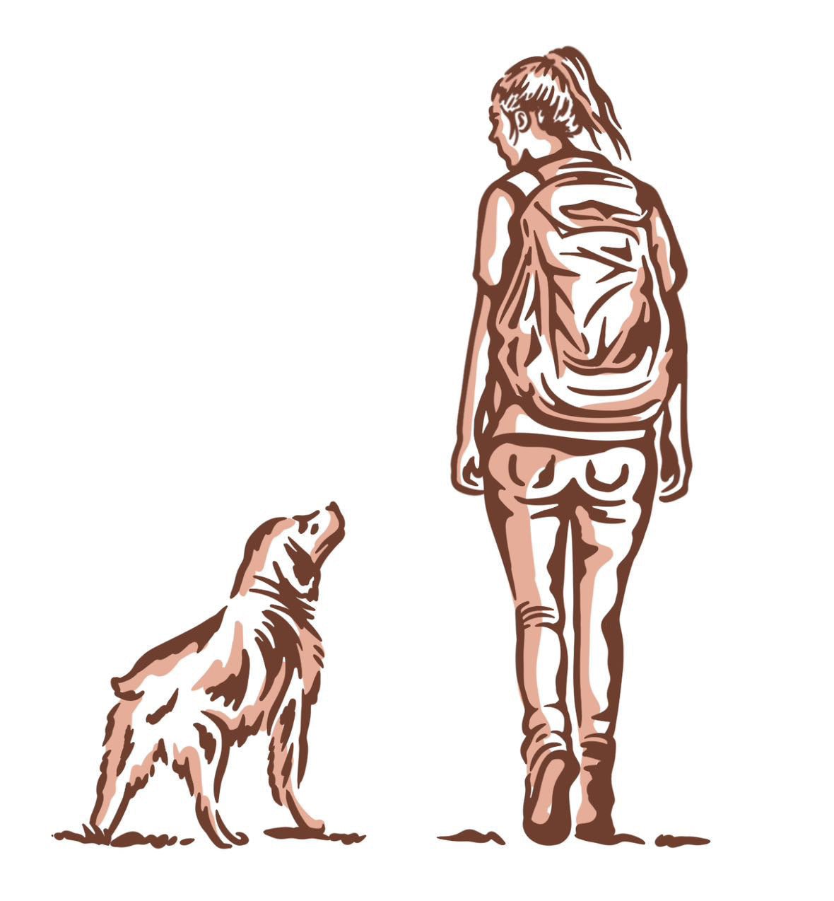A person with a ponytail and backpack, wearing the Ballad of the Bird Dog Shop Shirt | Side By Side, walks beside a dog gazing up at them.
