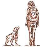 A woman with a ponytail and backpack, wearing the Ballad of the Bird Dog Shop Shirt | Side By Side, walks forward as a dog stands nearby, looking up at her.