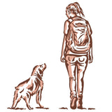 A person with a ponytail and backpack, wearing the Ballad of the Bird Dog Shop Shirt | Side By Side, walks beside a dog gazing up at them.