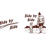 Two illustrations: a rifle labeled "Side by Side" and a person with their dog. The Shop Shirt | Side By Side by Ballad of the Bird Dog celebrates true companionship for those who value every moment together.