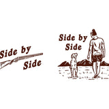Two illustrations labeled "Side by Side": a rifle and a person with their dog in the mountains—capturing loyal companionship on the Ballad of the Bird Dog Shop Shirt, perfect for fans of quality goods and bird dog adventures.