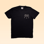 The Shop Shirt | Small Town Revival Glory by Ballad of the Bird Dog features "BALLAD OF THE BIRD DOG" and three stars in white on a black soft USA cotton tee, shown on a light beige gradient background.