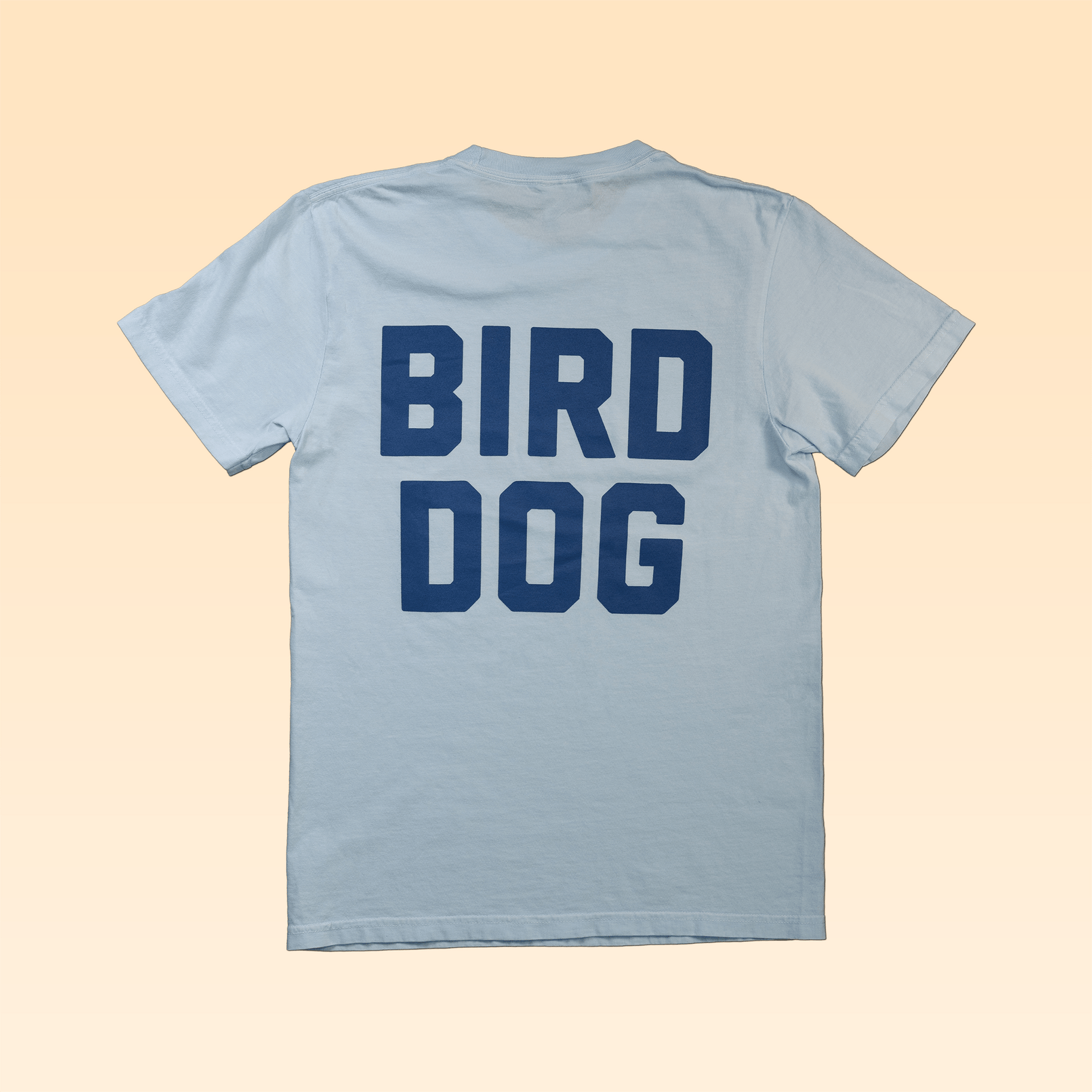 The Shop Shirt | Team Bird Dog by Ballad of the Bird Dog is a light blue shirt featuring bold blue "BIRD DOG" lettering on the back—ideal for bird dog enthusiasts.