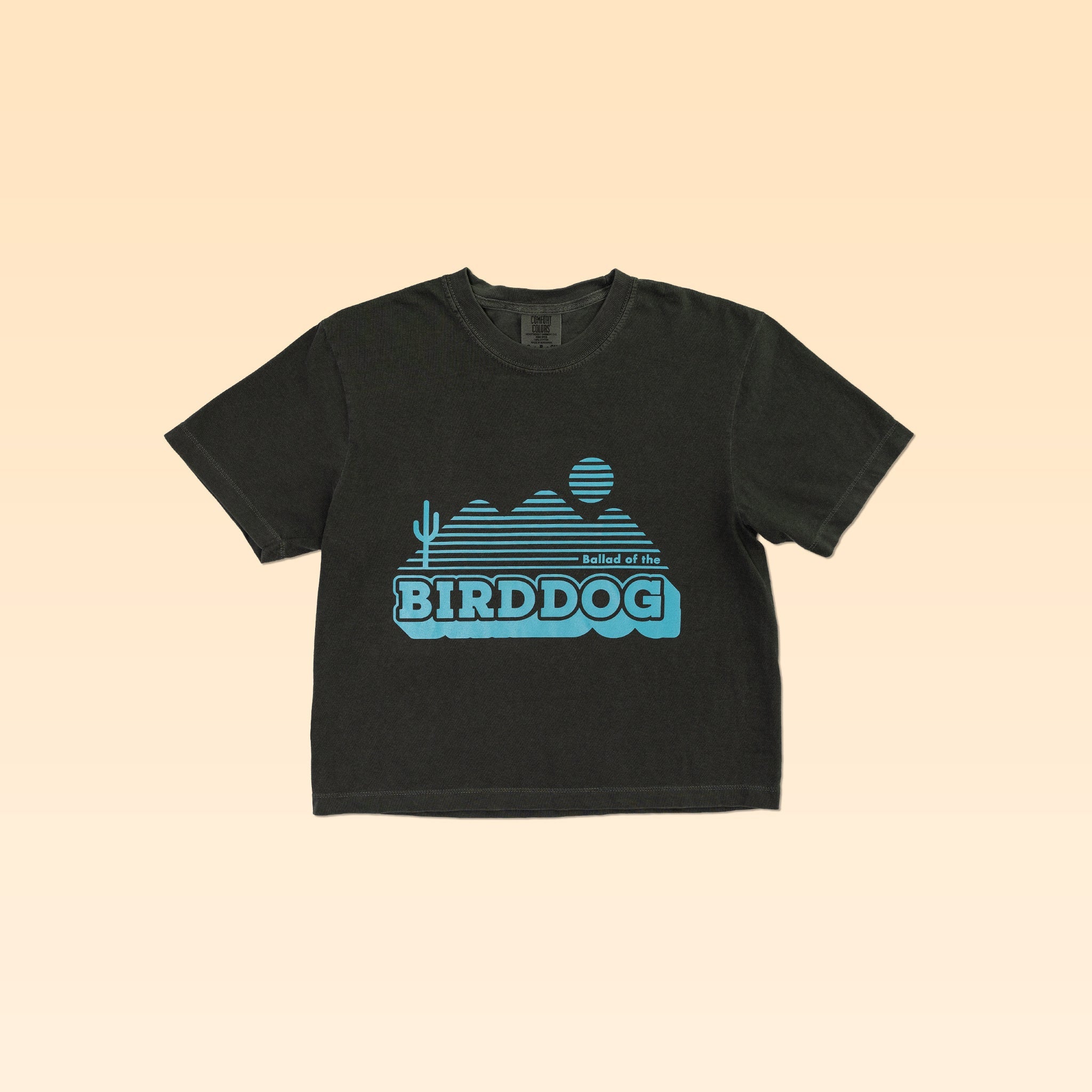 Shop Shirt | Vintage Bird Dog Crop from Ballad of the Bird Dog features a blue "BIRDDOG" graphic and desert landscape on a black T-shirt, shown against a light gradient background.