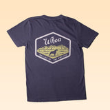 The Shop Shirt | Whoa by Ballad of the Bird Dog is a dark gray tee with a hexagonal mountain and dog graphic plus "Whoa Ballad of the Bird Dog" on the back—your perfect go-to shirt for every "Whoa" command.