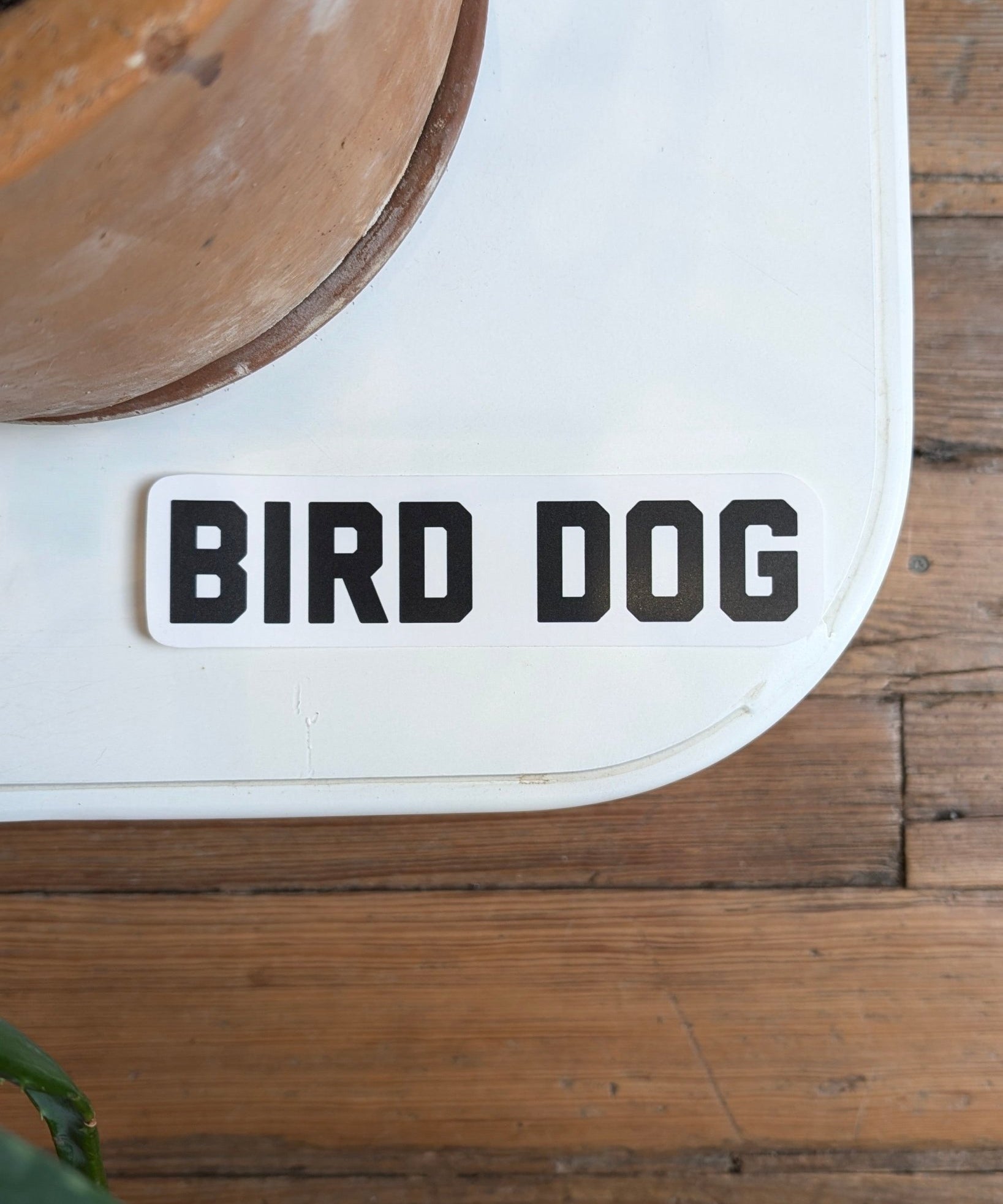 The Shop Sticker | Bird Dog Honor by Ballad of the Bird Dog features bold black "BIRD DOG" text on a rectangular sticker—ideal for hunting and outdoor adventure fans. Shown on a white surface beside a brown plant pot on a wooden floor.