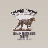 Shop Sticker featuring a German Shorthaired Pointer and the phrase "Companionship: A bond that lasts forever." from Ballad of the Bird Dog.