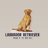 Shop Sticker | Labrador Retriever | Ballad of the Bird Dog by Ballad of the Bird Dog showcases a charming illustration of a sitting Labrador Retriever with "Labrador Retriever" and "Ballad of the Bird Dog" text below.