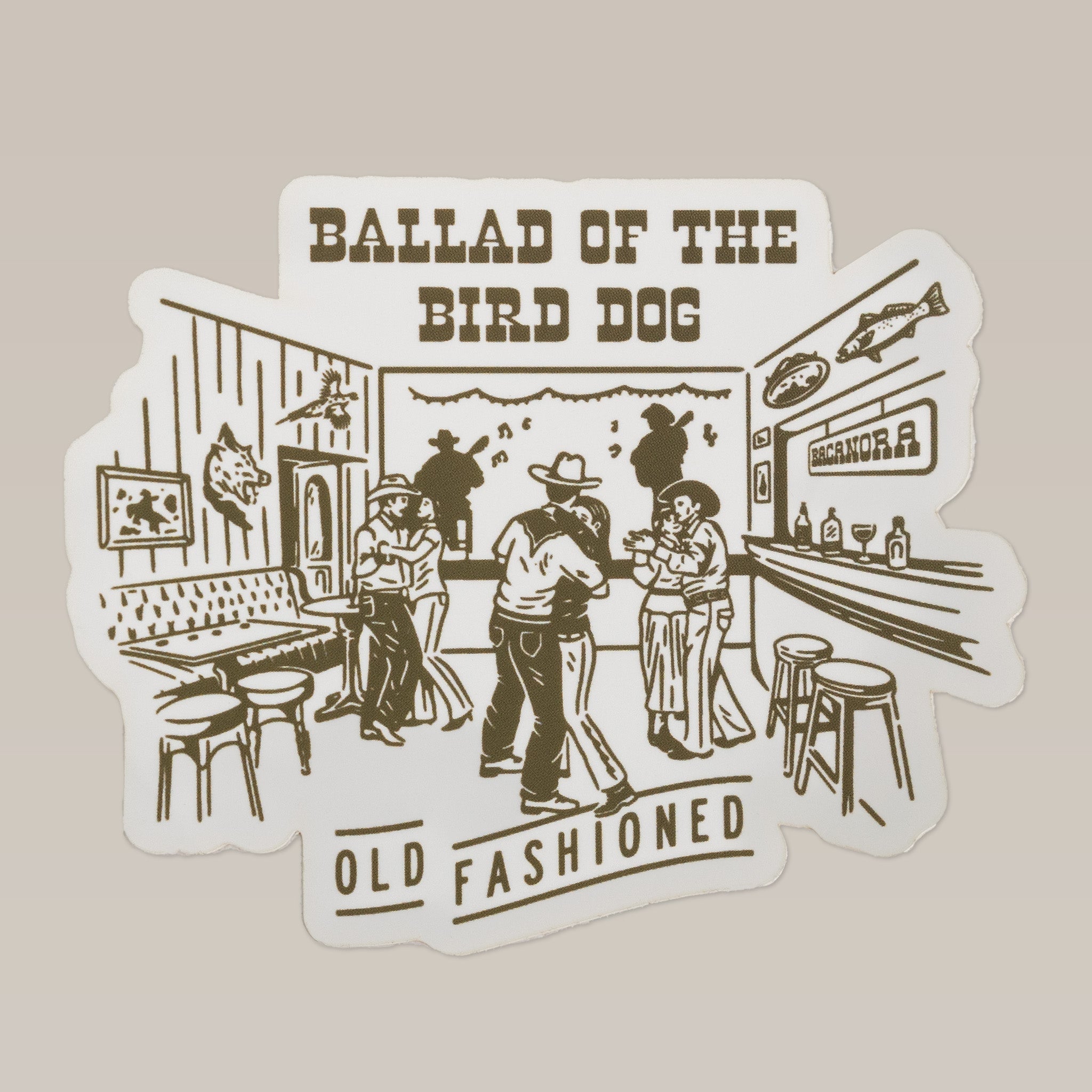 Black and white illustration sticker of people dancing in a cowboy-themed bar, capturing bacanora vibes. Features "Ballad of the Bird Dog," "Old Fashioned," and a fun dance sticker. By Ballad of the Bird Dog. Shop Sticker | Old Fashioned.