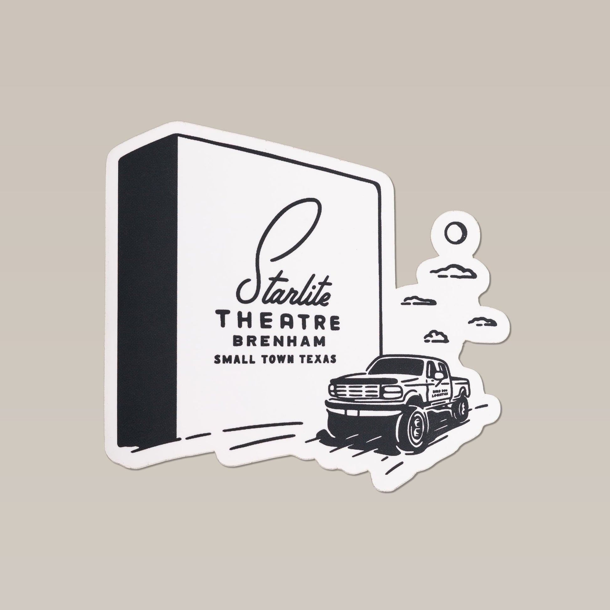 Shop Sticker | Starlite Small Town Texas by Ballad of the Bird Dog features a black and white illustration of the Starlite theater in Brenham, TX with a vintage OBS Ford pickup and clouds along HWY 290.